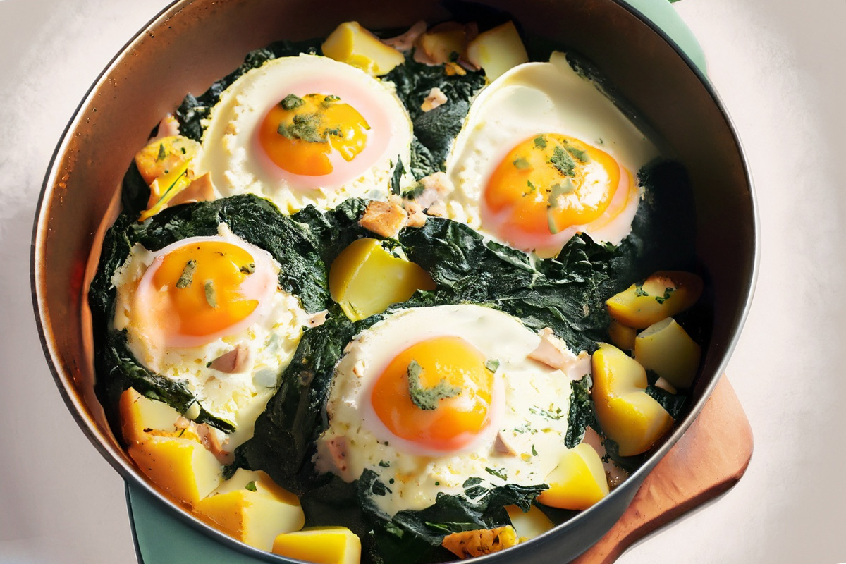 Nestled eggs in a Ducth oven, digital art generative AI.