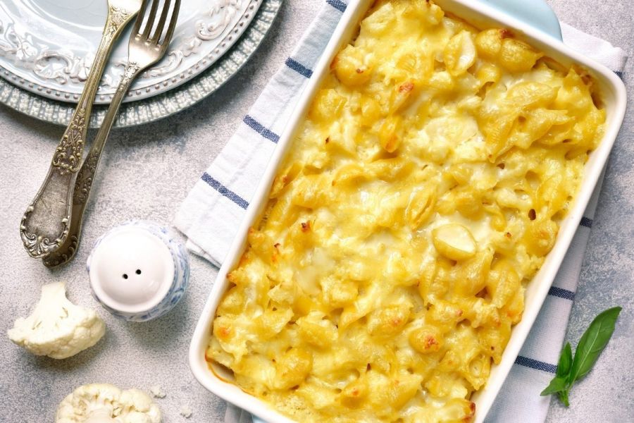 Caluiflower mac and cheese fresh from the oven.