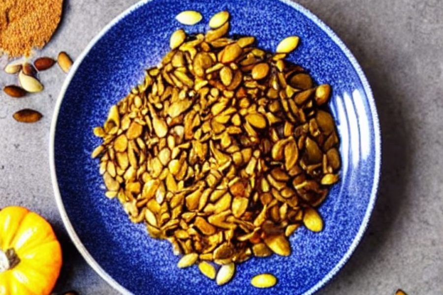 A plate with toasted pumpkin seeds, text to image AI generated image.