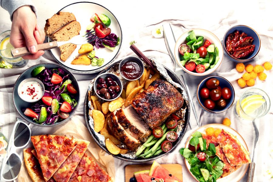 Top view of a table with the family dinner.
