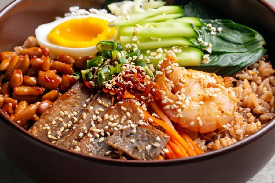 Brown rice bibimbap style bowl.