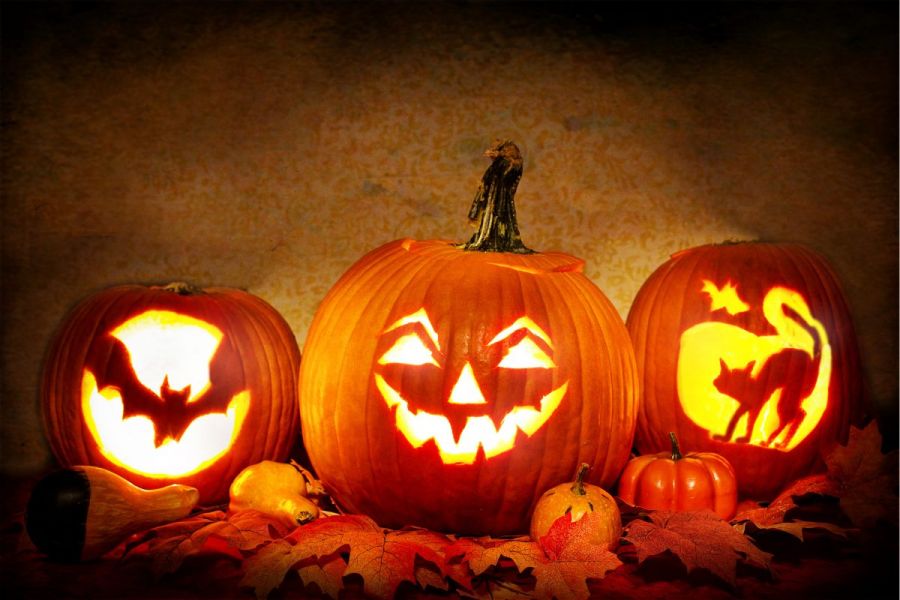 Pumpkin carved with Halloween motives.