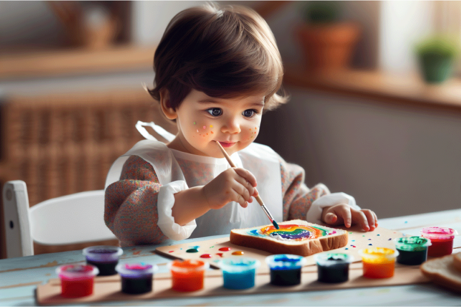Preschooler creating edible paintings with vibrant food dyes.