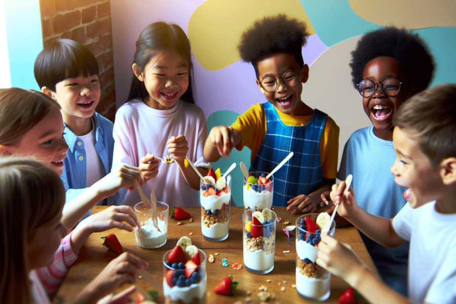 Kids layering yogurt parfaits.