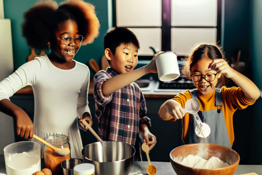 Kids measuring ingredients for magic morning muffins.